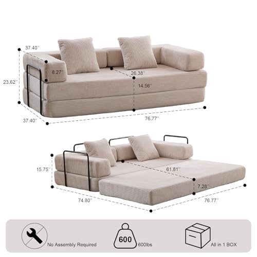 Corduroy Convertible Sleeper Sofa Bed with Pillow, Beige S401207