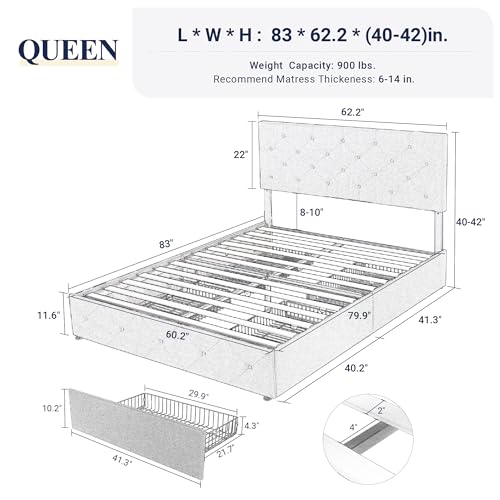 Allewie Upholstered Queen Platform Bed Frame with 4 Drawers and Headboard, Light Grey A922