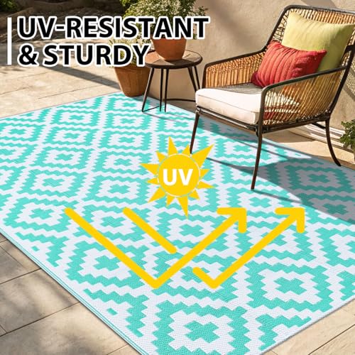 Smiry Waterproof Outdoor Rug 5x8 ft, Reversible Plastic Straw Patio Mat, Black & Beige P20186