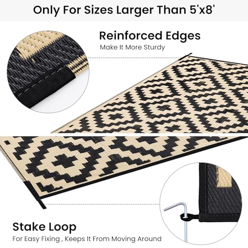 Smiry Waterproof Outdoor Rug 5x8 ft, Reversible Plastic Straw Patio Mat, Black & Beige P20186
