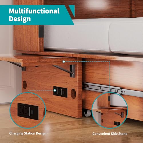 BALUS Murphy Bed Cabinet, 63" W Queen, Tri-fold Mattress, Cherry G595