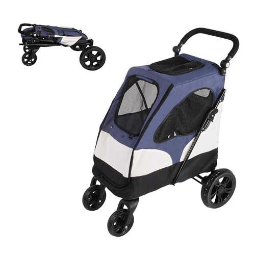 4 Wheels Folding Pet Strolling Cart with Storage Bag, Pet Stroller for Medium Large Dog with Adjustable Handle, Travel Jogger Pet Stroller with Mesh Skylight
