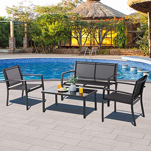 Vongrasig 4 Piece Patio Conversation Set with Glass Coffee Table, Black E428