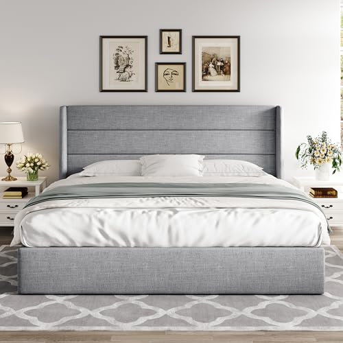 Allewie Full Size Lift Up Storage Bed with Wingback Headboard, Light Beige C85153