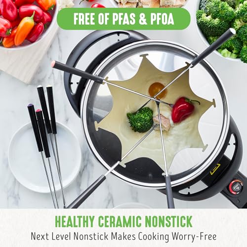 GreenLife 14 Cup Electric Fondue Maker Pot Set with 8 Forks, Ceramic Nonstick, Adjustable Temperature, Red M8272