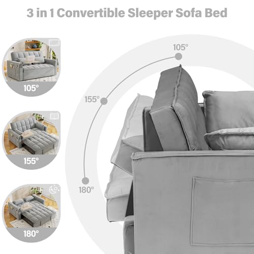 WIIS' IDEA Convertible Sofa Bed 3-in-1 Velvet Sleeper with Adjustable Backrest, Gray L188547