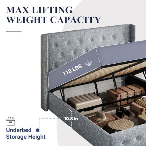 Allewie Full Size Lift Up Storage Bed with Wingback Headboard, Light Beige C85153