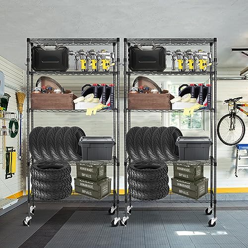 6 Tier Storage Shelves with Wheels, Heavy Duty Adjustable Metal Shelving Rack, Black T460