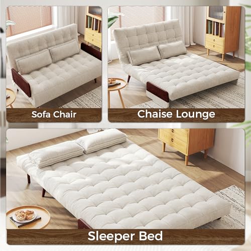Convertible Chair Bed Sleeper for Adults with Wooden Arms, Linen G638