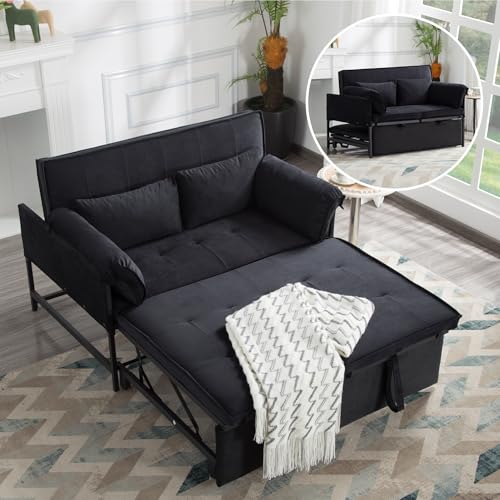 3 in 1 Sleeper Sofa Bed with Side Pocket, Black Convertible Futon Couch W34330