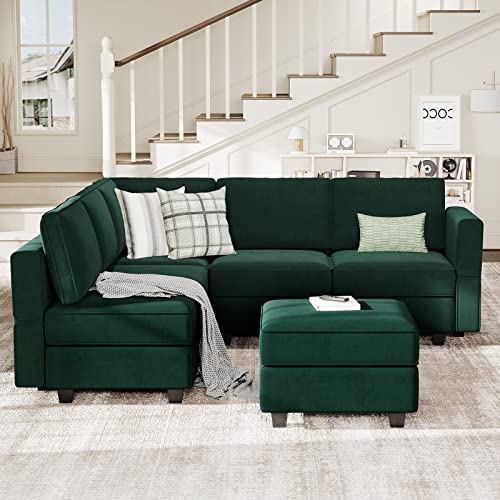 Belffin Modular Velvet Sectional Sofa with Chaise Lounge and Storage, Grey T418154