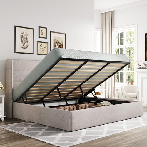 Allewie Full Size Lift Up Storage Bed with Wingback Headboard, Light Beige C85153
