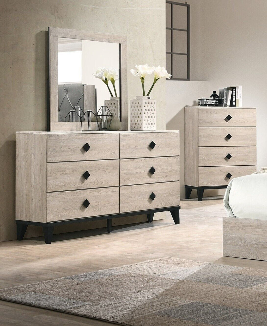 Transitional Cream Dresser Mirror Nightstands Chest 5pc Bedroom Set R373
