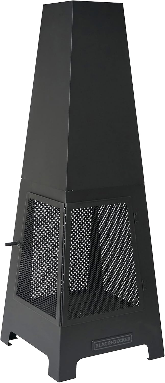 BLACK + DECKER Steel Woodburning Pyramid Chiminea Outdoor Fireplace with Hinged Doors U1640