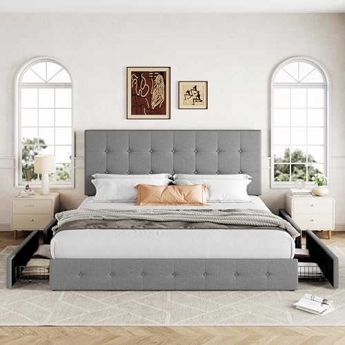 Allewie Upholstered Queen Platform Bed Frame with 4 Drawers and Headboard, Light Grey A922
