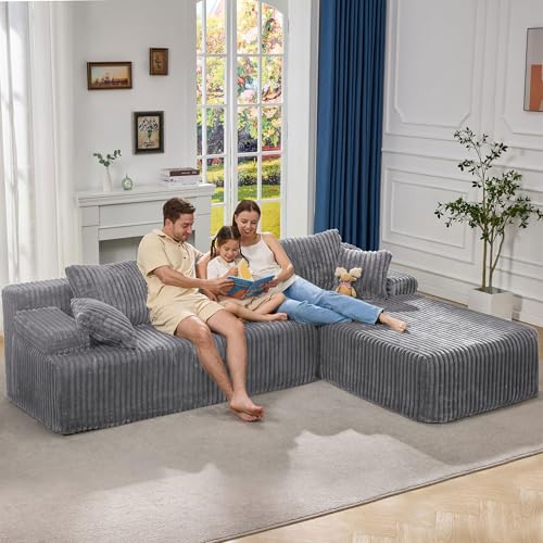 Modular Sectional Sofa L-Shape Couch with Oversized Chaise, Grey Stripe I49459