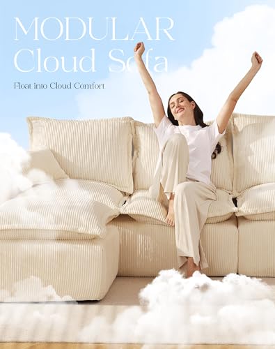 Comfy Cloud Couch with L-Shape Chaise, Modular Sectional Sofa in a Box, Soft Corduroy, Black U67688