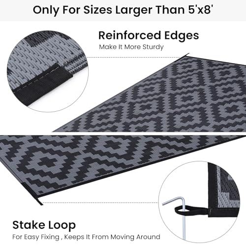 Smiry Waterproof Outdoor Rug 5x8 ft, Reversible Plastic Straw Patio Mat, Black & Beige P20186