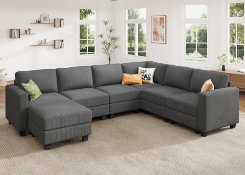 HONBAY Corduroy Modular Sectional Couch with Storage, Dark Gray A586576