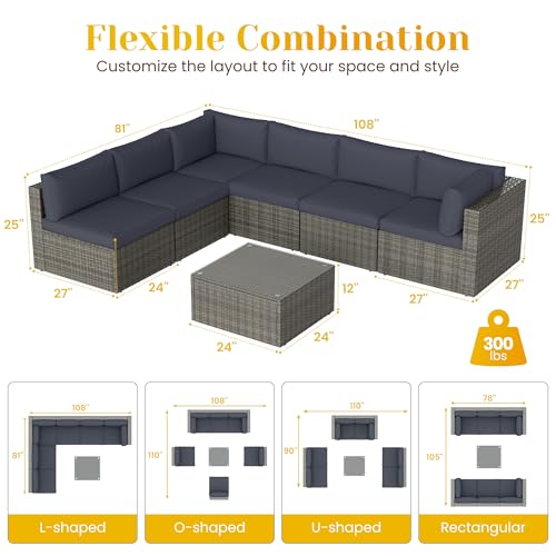 Outdoor Patio Furniture Set with Glass Tea Table, PE Rattan Wicker, Grey V687