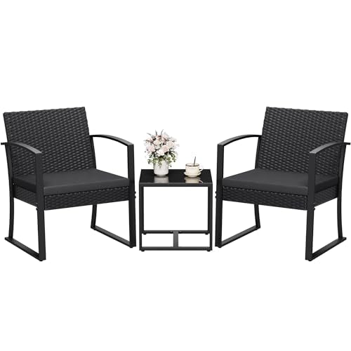 Homall 3 Piece Resin Outdoor Bistro Set with Cushions and Table, Black T139662