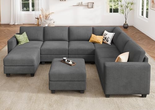 HONBAY Corduroy Modular Sectional Couch with Storage, Dark Gray A586576