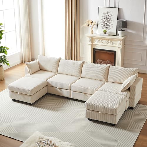 Oversized Modular Sectional Sofa with Movable Ottomans, U-Shaped Chenille J2923