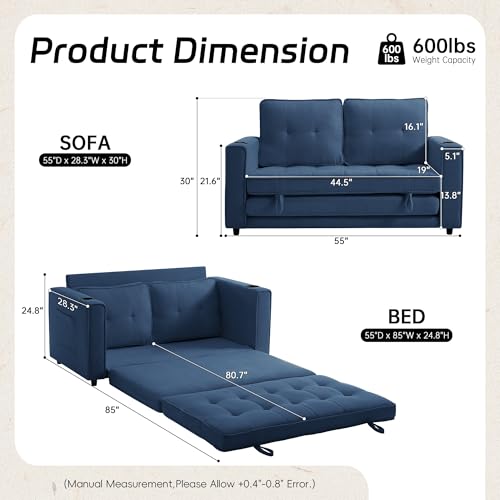 Loveseat Sleeper Sofa Bed Convertible Futon Couch Dark Blue Y2868