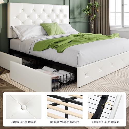 Allewie Upholstered Queen Platform Bed Frame with 4 Drawers and Headboard, Light Grey A922