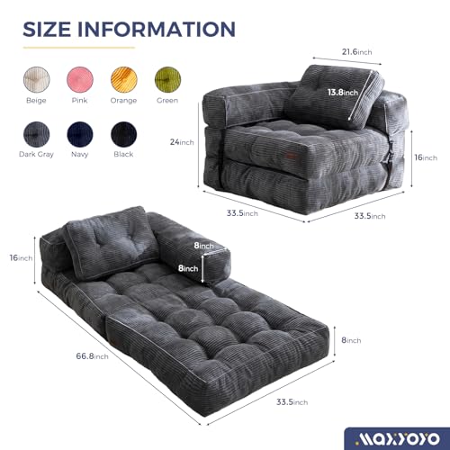 MAXYOYO Folding Sofa Bed L-Shaped Convertible Sleeper Couch with Pillow, Dark Grey X9070