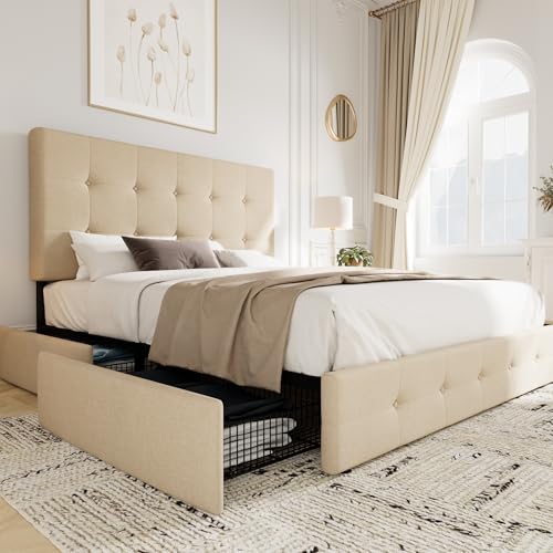 Allewie Upholstered Queen Platform Bed Frame with 4 Drawers and Headboard, Light Grey A922