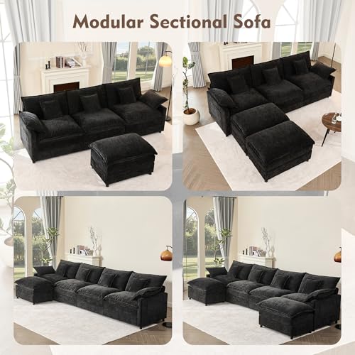 U Shaped Modular Sectional Sofa with Ottoman, Chenille, Black P2121