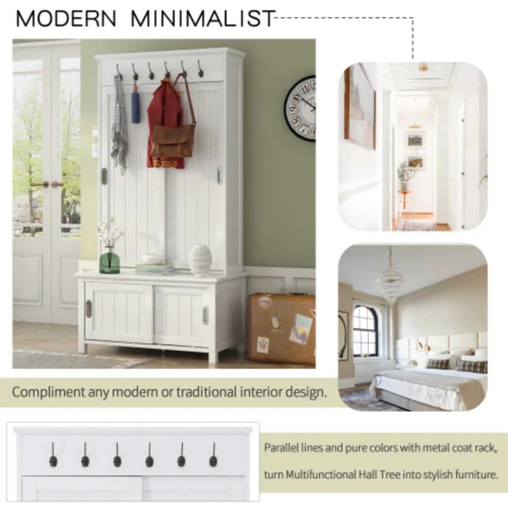 White Wooden Hall Tree with Sliding Doors and Storage Bench O243