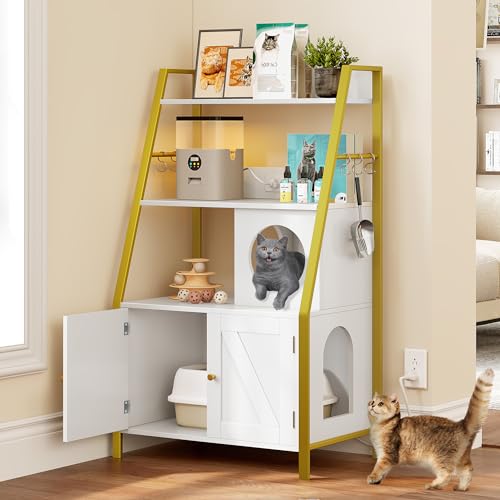 DWVO Cat Litter Box Enclosure with Shelves, Wooden Cat Cabinet, Gold White G890068