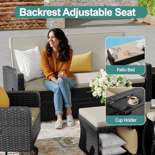 6 Piece Wicker Patio Furniture Set with Swivel Recline Chairs and Storage Ottoman X6280