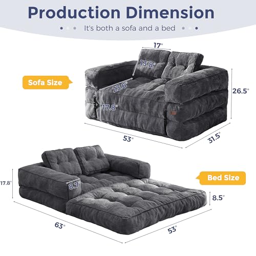 MAXYOYO Folding Sofa Bed L-Shaped Convertible Sleeper Couch with Pillow, Dark Grey X9070
