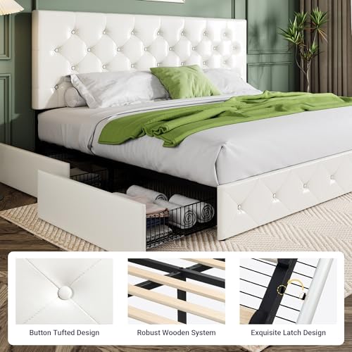 Allewie Upholstered Queen Platform Bed Frame with 4 Drawers and Headboard, Light Grey A922