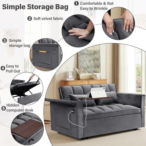 WIIS' IDEA Convertible Sofa Bed 3-in-1 Velvet Sleeper with Adjustable Backrest, Gray L188547
