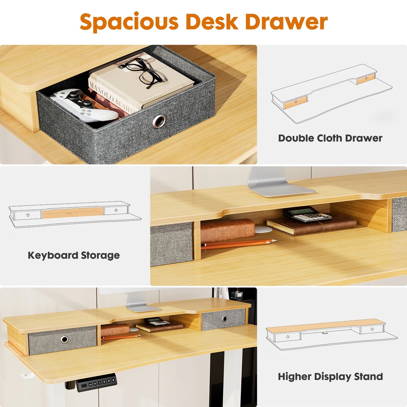 CoSoTower Electric Standing Desk with Storage Shelf Double Drawer K8099
