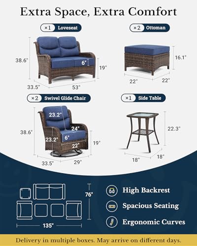 Luxury Patio Furniture Set 7PCS Wicker Conversation Set with Blue Cushions J5390