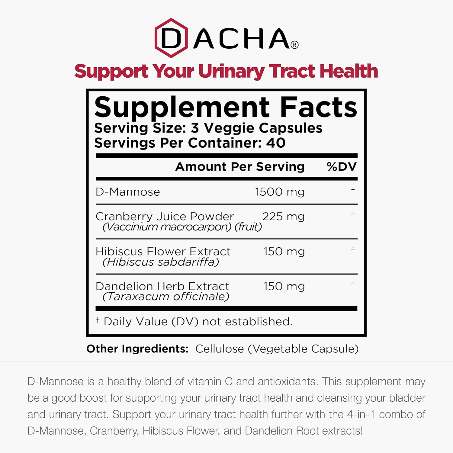 Natural D-Mannose Capsules 4-in-1 Formula, 120 Count for Urinary Tract Health U945394