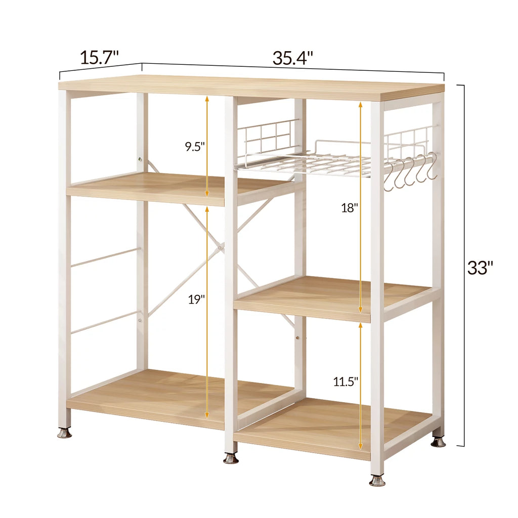 UBesGoo Bakers Rack with Basket, Wood Storage Shelf, White Oak Finish P842676