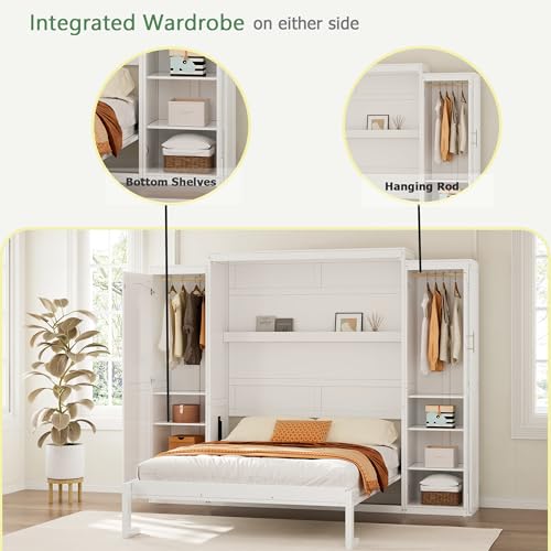 Polib Full Size Murphy Bed with Two Wardrobes and Storage Shelf, White S302797