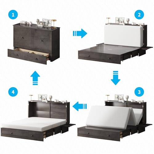 Mjkone Queen Size Murphy Bed with Tri-Folding Mattress and Charging Station N4725