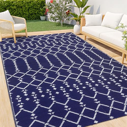 Smiry Waterproof Outdoor Rug 5x8 ft, Reversible Plastic Straw Patio Mat, Black & Beige P20186