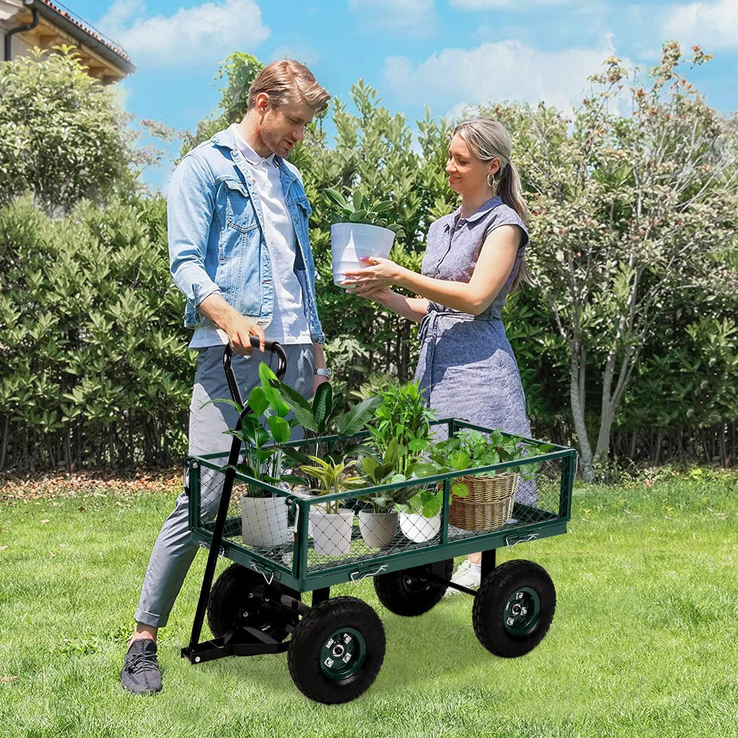 Heavy Duty Utility Wagon Garden Cart, 400lb Capacity, Folding Steel Mesh Cart Q4456