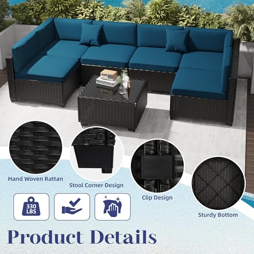 KIGOTY Patio Furniture Set 7 Pieces Outdoor Sectional Sofa with Cushions and Glass Coffee Table B60021