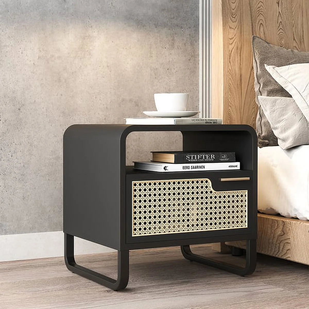 Minimalist Rattan Nightstand with Drawer, Black K345