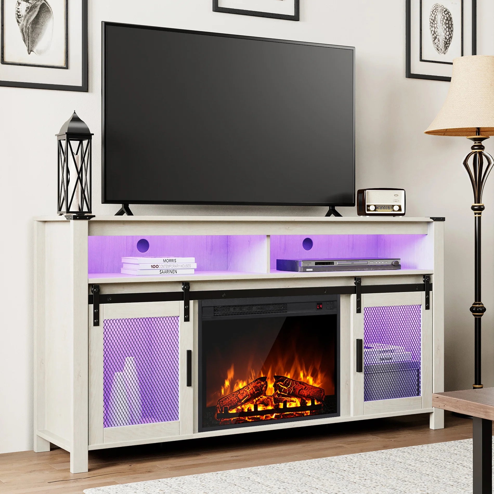 WAMPAT Farmhouse Fireplace TV Stand for 65+ Inch TV with Electric Fireplace, Antique White N223