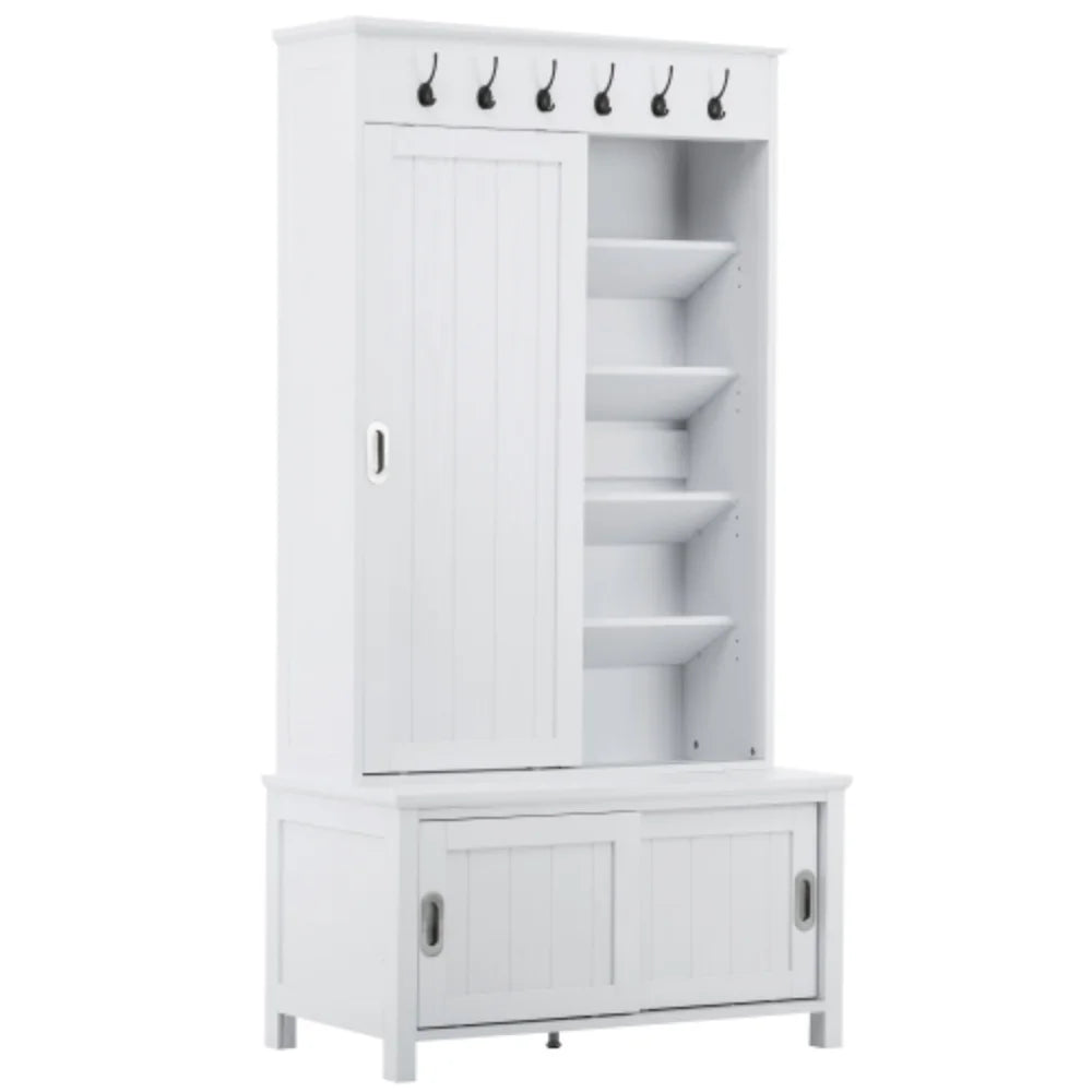 White Wooden Hall Tree with Sliding Doors and Storage Bench O243